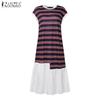 ZANZEA Women Casual Round Neck Summer Short Sleeve Stripe Patchwork Long Dress