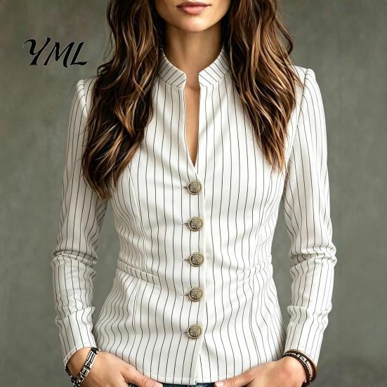 Women Striped Blazer Stand Collar Blazer, Slim Fit Single-Breasted Blouse Top, Office Business Casual Jacket Outerwear Slimming Waist Coat