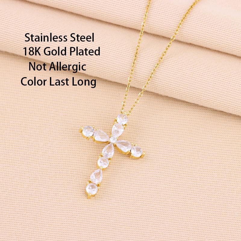New Super Shining Zircon Crystal Cross Pendant Necklaces For Women Trendy Female Stainless Steel Neck Chain Jewelry