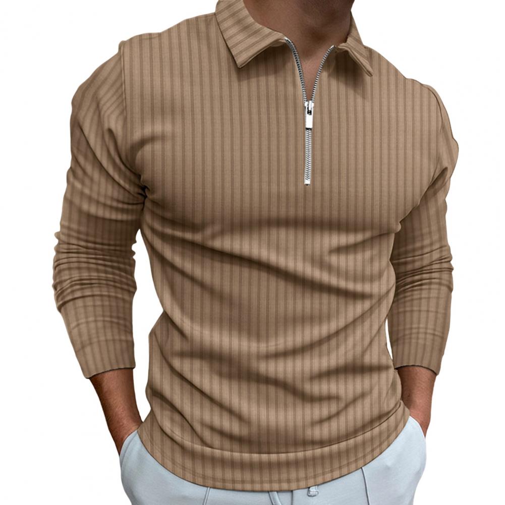 Fall Men Shirt Zipper Turn-down Collar Long Sleeves Pure Color Striped Slim Fit Pullover Formal Business Style Daily Top