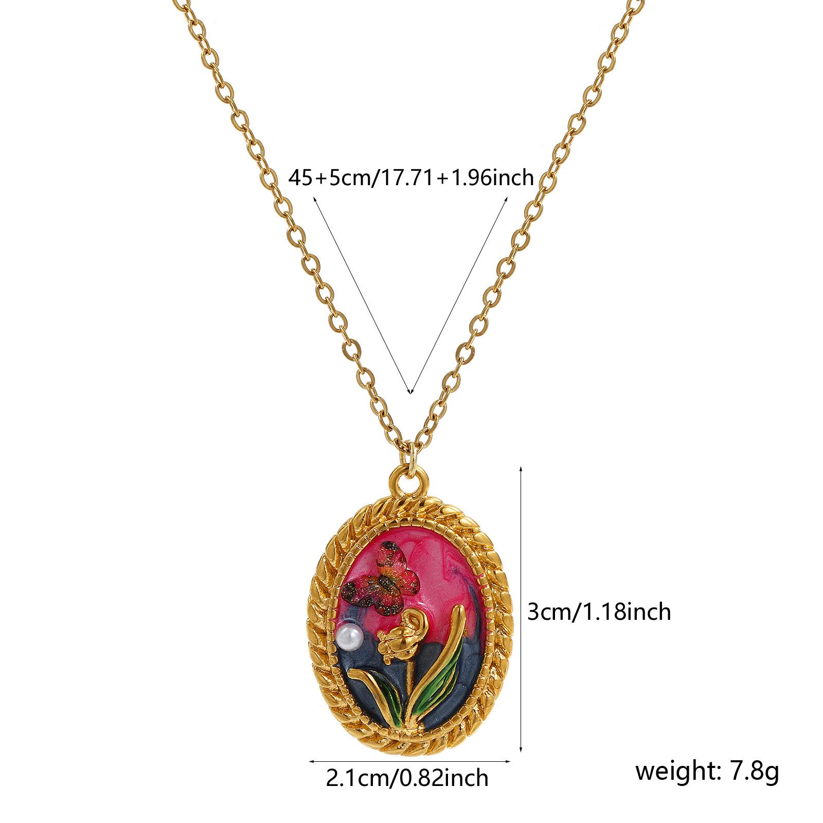 

1Piece Retro Necklace 18K Real Gold Plated 304 Stainless Steel & Acrylic Link Cable Chain Painting Enamel Pendant For Women Gift
