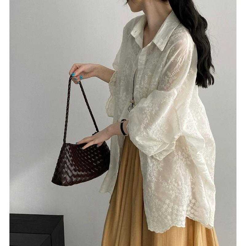Women Long Sleeve Sun Protection Hollow Out Lace Up Embroidered Shirt Outwear M бежевый