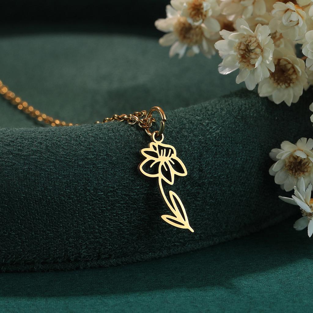 Kinitial Birth Flower Necklaces For Women Girls Stainless Steel 12 Month Flower Necklaces Birthday Jewelry Gift