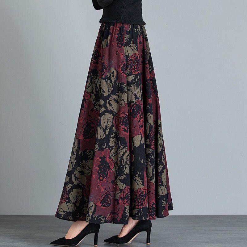 

Женская осенняя одежда Юбка с карманами Высокая талия Винтажный цветочный принт Эластичная талия Элегантные юбки миди XS