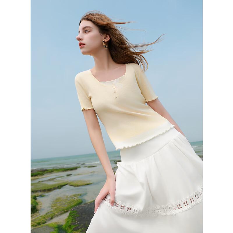 Women's Bowknot Splicing Slim Fit Short Sleeve Knit Top