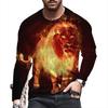 Round Neck 3D Tiger Lion Printed Top Casual Long Sleeved Men's T-shirts - Soft Medium Stretch Polyester Fabric Spring and Autumn Relaxed Fit Clothing