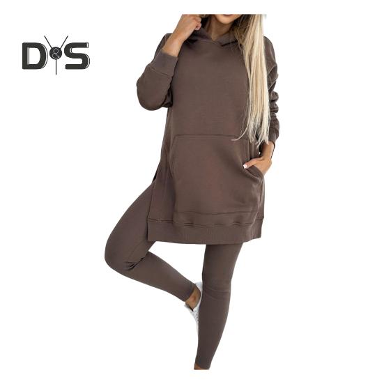 

Комплект из 2 предметов: женский топ и брюки, капюшон, длинный рукав, разрез, толстовка с капюшоном, эластичная талия, облегающие брюки, спортивный костюм для фитнеса, повседневная домашняя одежда, школьный наряд XXL кофейный