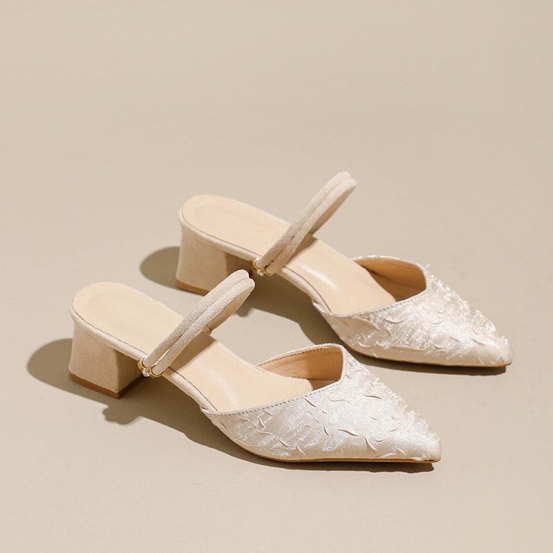 

Fashion pleated silk high heels sandals women pointed toe back strap sandalias mujer thick heel tacones summer slides shoes woman 36 абрикосовый