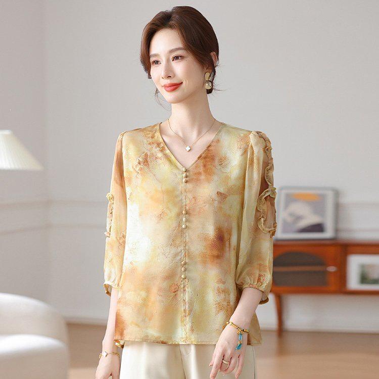 2026 New Chinese Style Spring/Summer Seven-Sleeve Chiffon Top for Middle-Aged and Elderly Women