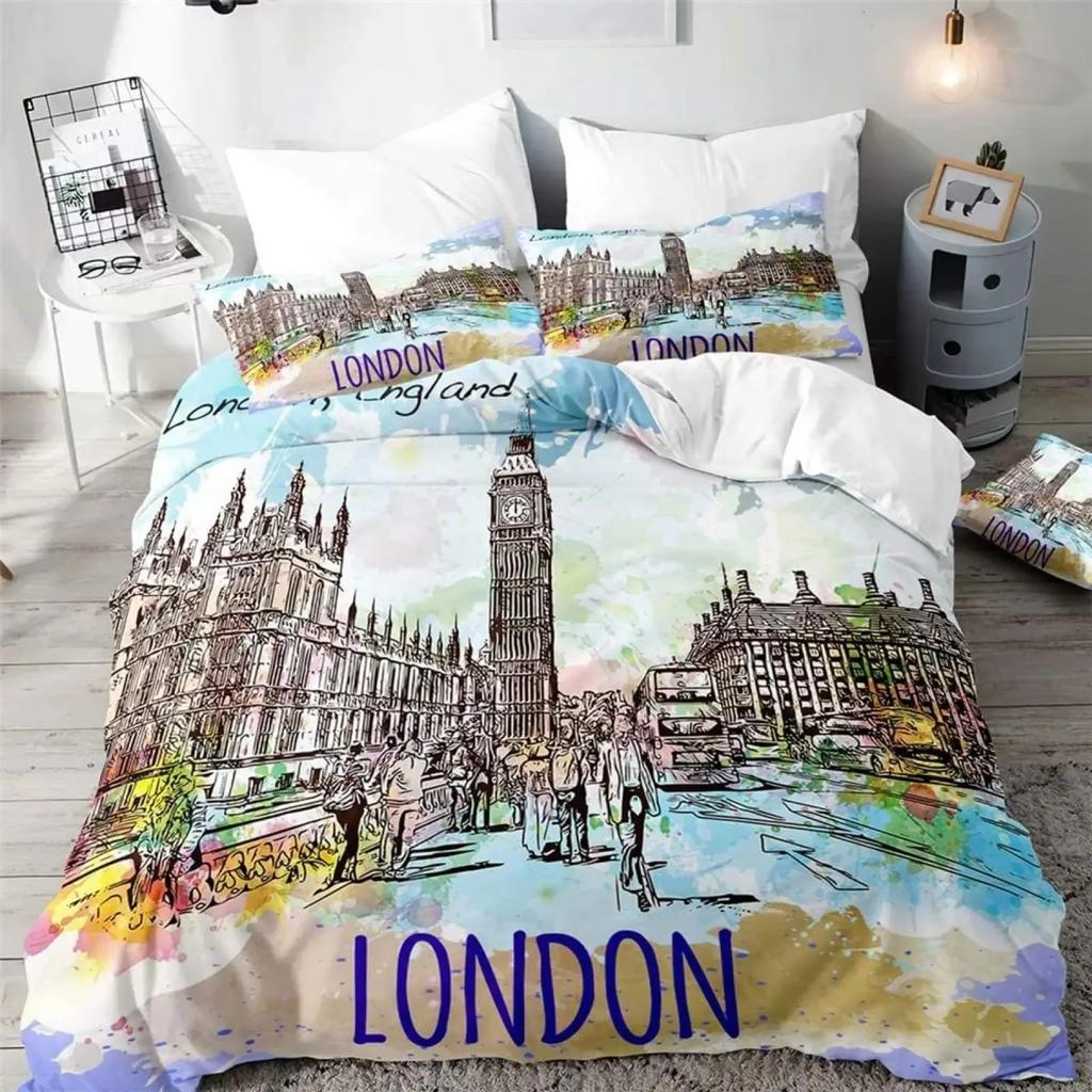 Big Ben Comforter Cover Boys Famous Telephone Booth Bedding Set for Teens Retro London Cityscape Duvet Cover Set with Pillowcase