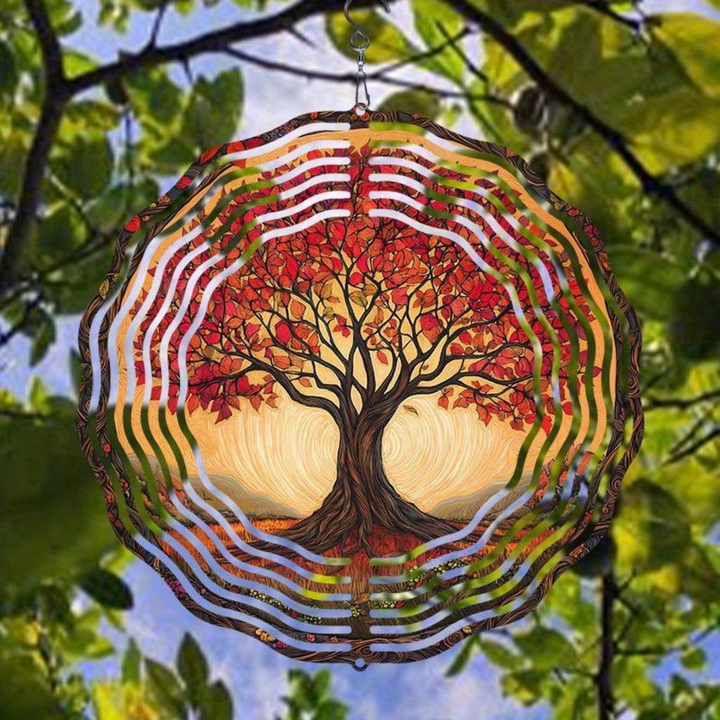 Beautiful Red Maple Tree Pattern Metal Hanging Wind Chime Outdoor Decorative Kinetic Garden Art for Halloween Christmas Thanksgiving Birthday