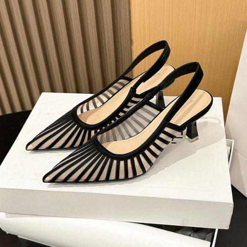 

Fashion 2025 Trendy French Pointed Toe Stripes High Heel Pumps Women Sexy Mesh Peep Toe Backless Sandals 35