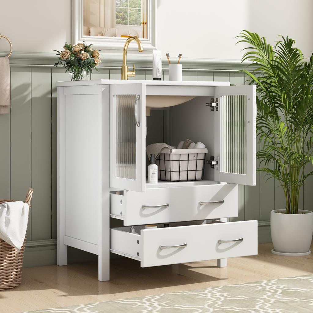 61 Cm Freestanding Vanity Unit In High-Gloss White with Ceramic Sink, Fluted Glass Doors, Storage Drawers, Silver Handles, Without Tap