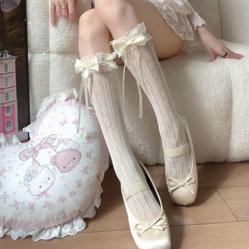 Japanese-Style JK Lace Bowknot Calf Socks | Lolita Soft Girl Ruffle Thin Socks