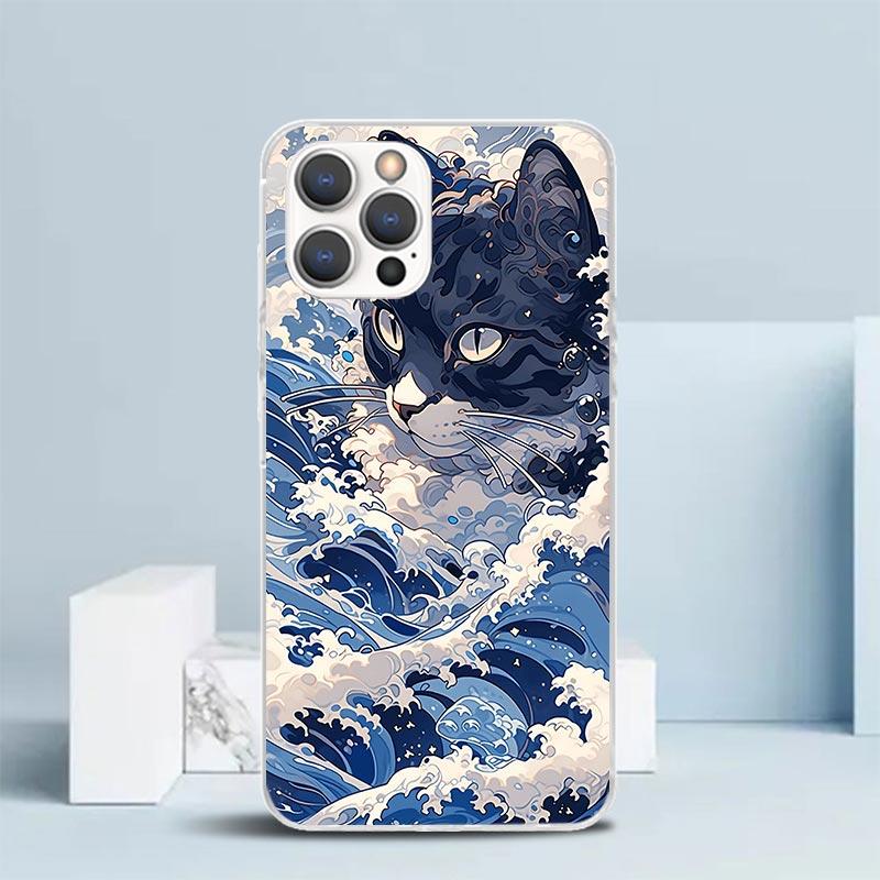 Anime Cat Sea Wave Aesthetic Phone Case For IPhone 16 17 Air 16E 15 14 Plus 13 Mini 12 11 Pro Max 7 8 + SE 2020 Soft TPU Back Co