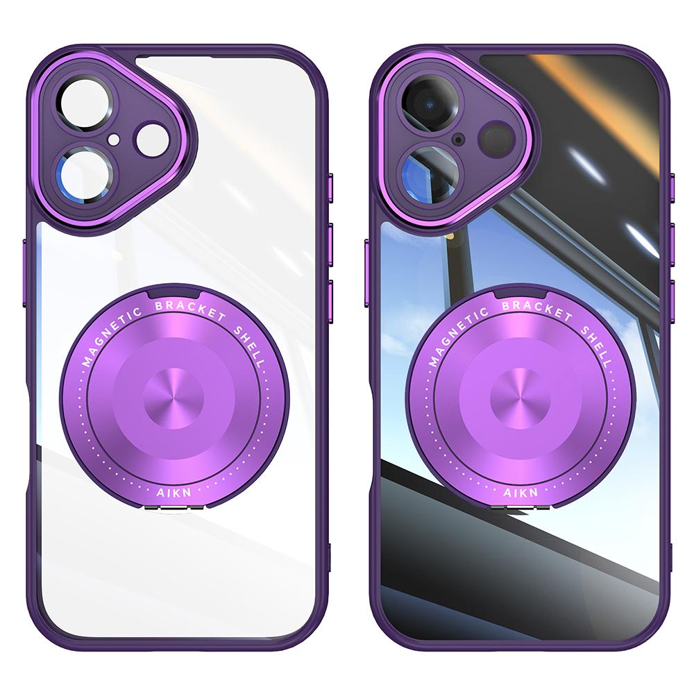 

For iPhone 16 Magnetic Case PC+TPU Phone Cover with Rotating Metal Kickstand,Lens Protector Dark Purple