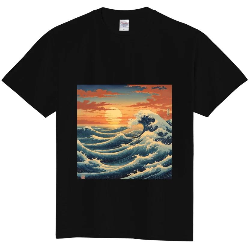Ukiyo-e Sunset Ocean Waves T-Shirt Japanese Art Black White Traditional Japanese S
