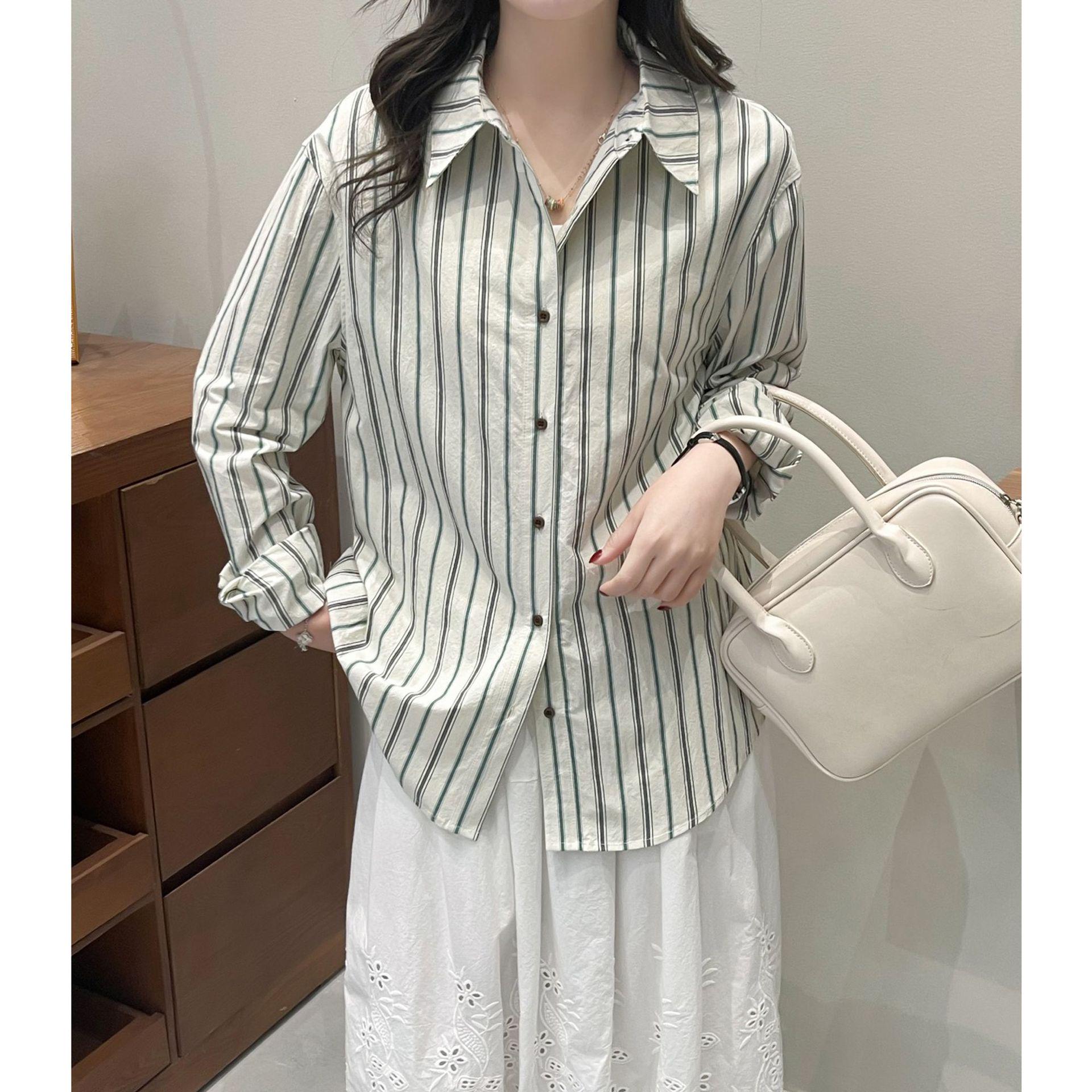 2026 Spring/Summer Korean Retro Color Block Vertical Stripe Cotton Shirt - Versatile Casual Top Large