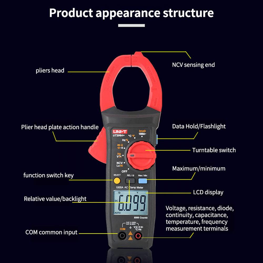 UNI-T UT206A+ Clamp Meter Digital Clamp Type Multimeter Universal Meter Autoranging Clampmeter 6099