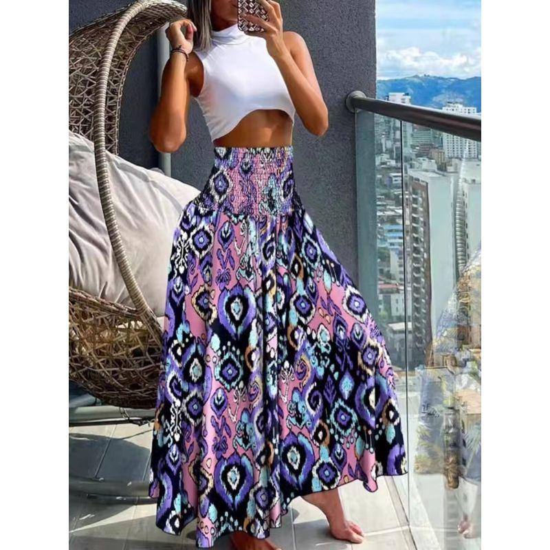 Bohemia Style Plus Size Women's Elastic High Waist Fashion Leaves Geometric Pattern Fashion Skirt Beach Dress
