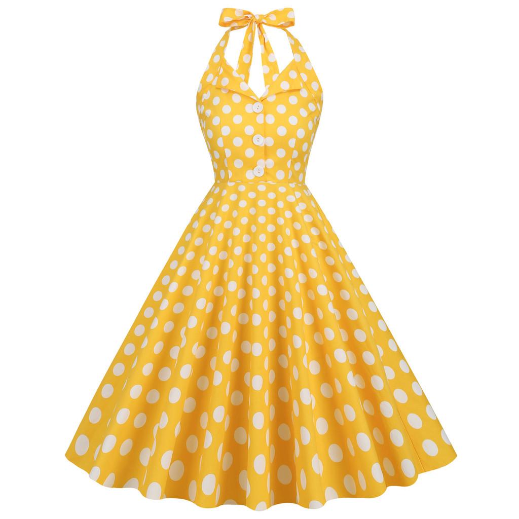 Vintage Dot Print Vneck Sleeveless Midlength Dress For Women