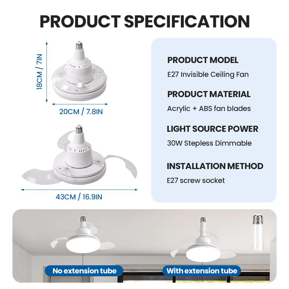 LED Ceiling Fan Light E27 Screw Invisible Fan Light with Remote Control Mute Timming Function 3-Speeds Wind Free Extension Pole
