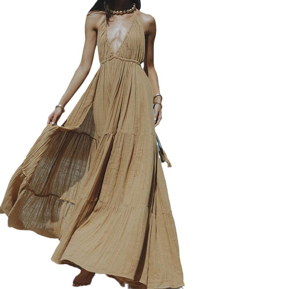 European and American Women's Halter V-neck Lace-up Solid Color Split-ended Dress Sexy Vacation