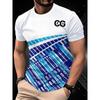Men's Gradient Plaid T-Shirt - Blue & White Ombre Short Sleeve Crew Neck Top with Letter Print | Breathable Summer Casual Shirt Suitable For