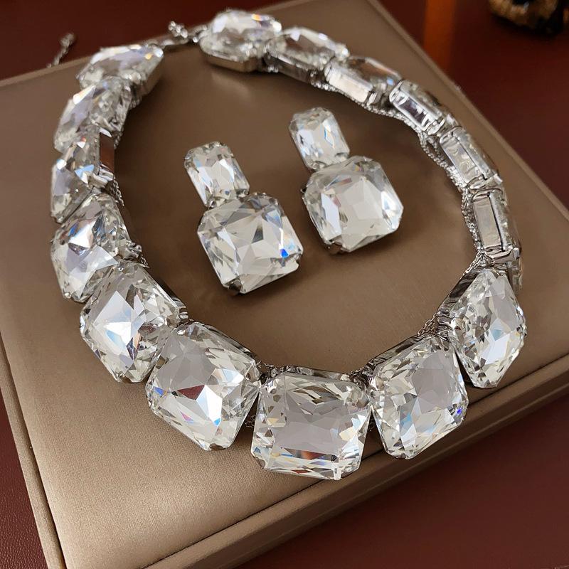 Rhinestone Square Earrings Necklace Exaggerated Temperament Accessories Sets