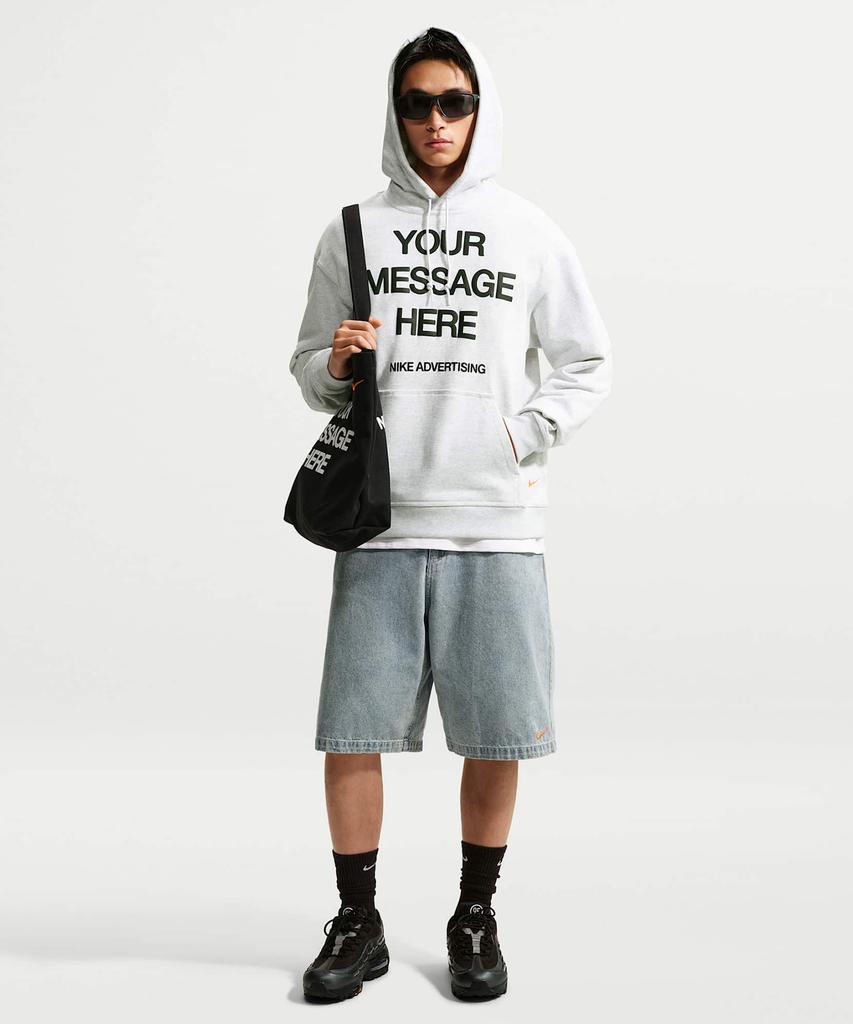 NIKE Your Message Here Fleece Pullover Hoodie M - Birch Heather:Black:Safety Orange / Io1649-051
