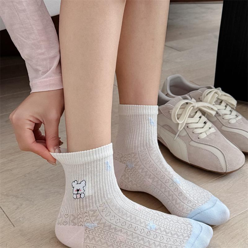 White Socks Children Spring/summer Mesh Mid-calf Cotton Socks, Sweat-absorbing and Breathable, Embroidered Short Socks