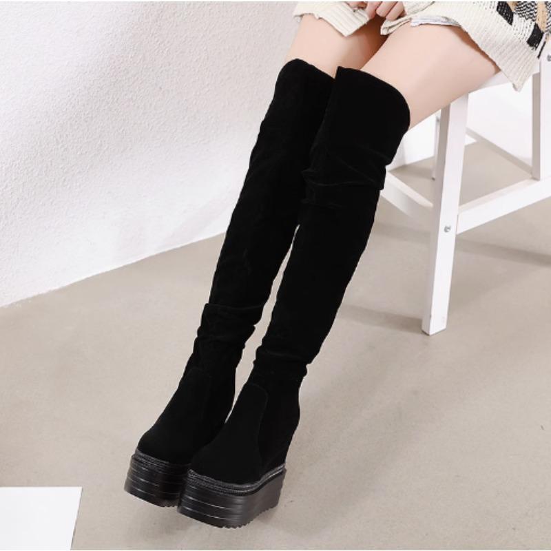 Модне взуття Дуже високі підбори Жіночі чоботи вище коліна Жіночі чоботи-ботфорти на танкетці Еластичні Зимові 15 см Новинка Тренд Пу