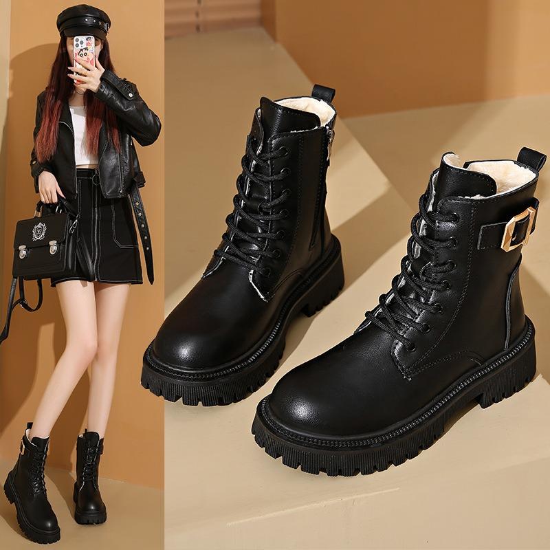 Martin Boots Women's Autumn and Winter New Velvet Heightening Platform Locomotive Boots Women's Large Size Short Boots Women's