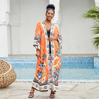 Bohemian Printed Bikini Cover-ups Elegant Self Belted Kimono Dress Tunic 2024 Summer Women Plus Size Beach Wear Swim Suit Cover Up Q996