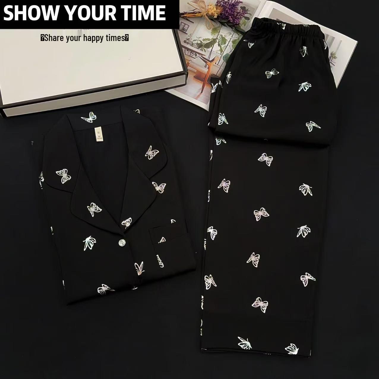 

Women s Butterfly Hot Stamped Ice Silk Pajama Set – Long Sleeve & Pants, Light Luxury, Ideal for Spring & Autumn. Extra Large