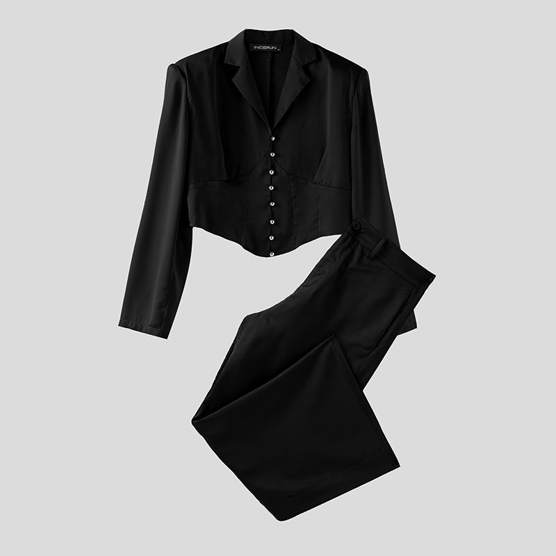 

INCERUN Men Suits Long Sleeve Irregular Cropped Blazer Long Pants Party Sets Outfits S чорний
