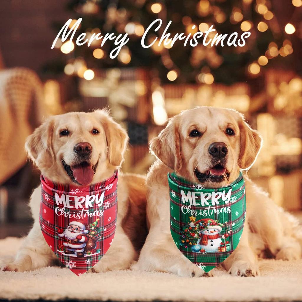 2pcs Christmas Plaid Pet Bandanas Santa Claus Snowman Dog Saliva Towel Triangle Scarf Christmas Decorations for Dog Pet Supplies
