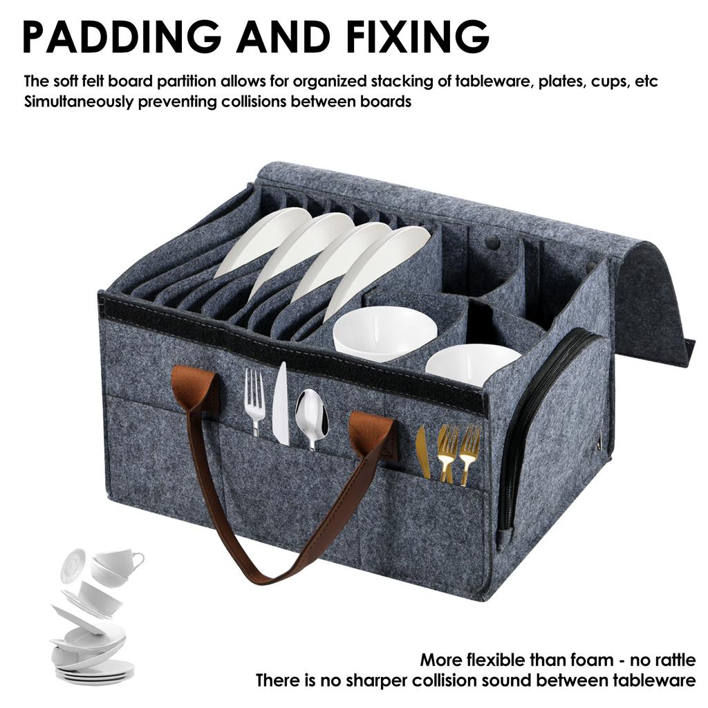 Dish Storage Container Felt Plate Storage Container with Handle Camping Dinnerware Storage Container with Removable Divider