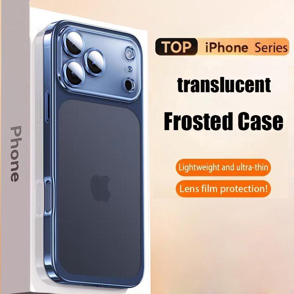 

Роскошный полупрозрачный чехол для телефона для iPhone 17 Air 16 15 14 13 12 Pro Max с гальванизированной рамкой, стеклянной пленкой для объектива, противоударной твердой матовой крышкой из ПК For iPhone 17 Pro Max синий