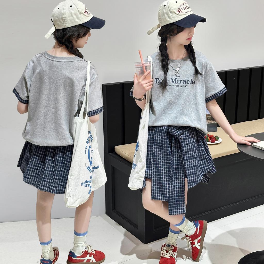 Girls' short sleeved skirt and pants set for summer 2026, new children's Korean style outfit, stylish little girls' summer two-piece set