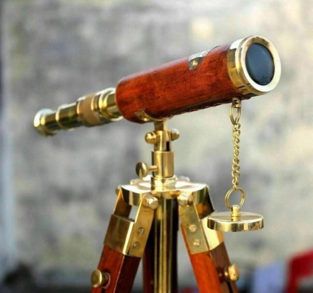 Brass Telescope With Wooden Tripod Stand Maritime Nautical Vintage Desk Décor