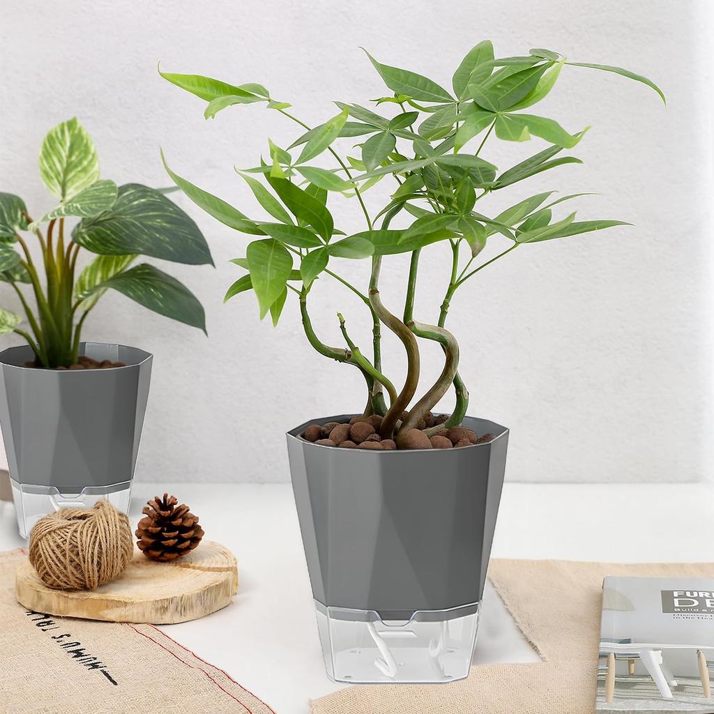 Automatic water supply planter for bottom water supply set of with water supply suitable for indoor and outdoor growing and dark gray houseplants,