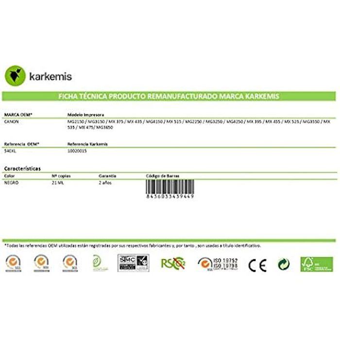 Ink Cartridge - KARKEMIS - PG-540XL - Black - 21 Ml - Recycled and Compatible Canon