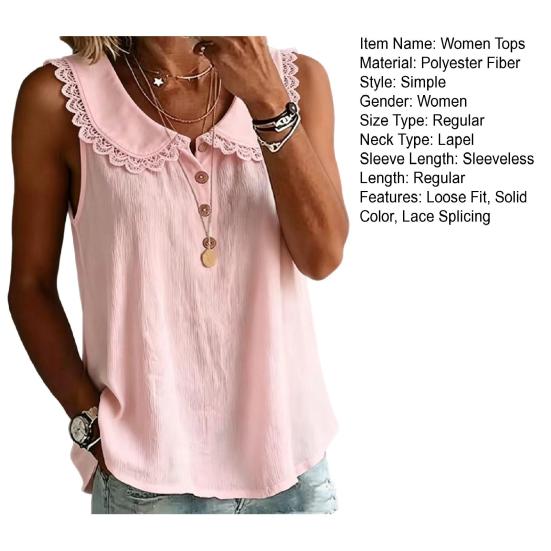 Women Tops Lapel Buttons Half Placket Sleeveless Pullover Tops Pure Color Loose Fit Breathable Casual Shirt Daily Wear