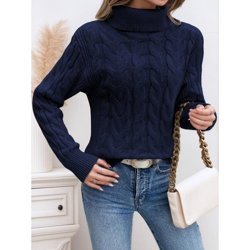 VEZFAA Women's Fashion Casual Fall Winter Solid Color Print Long Sleeve High Neck Sweaters