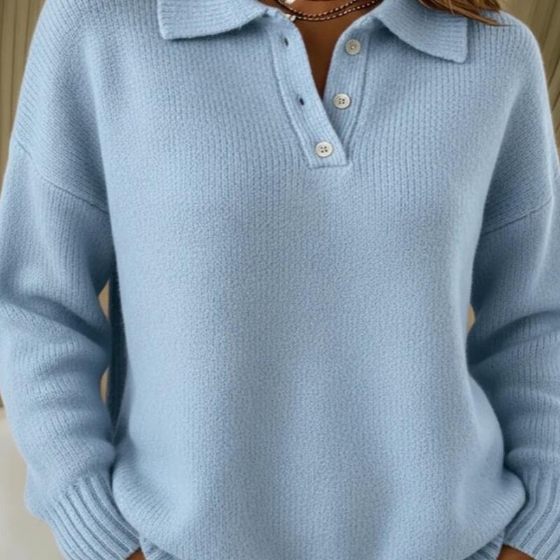 Women's Polo Collar Ribbed Long Sleeve Sweater Top Loose Fit Casual Pullover