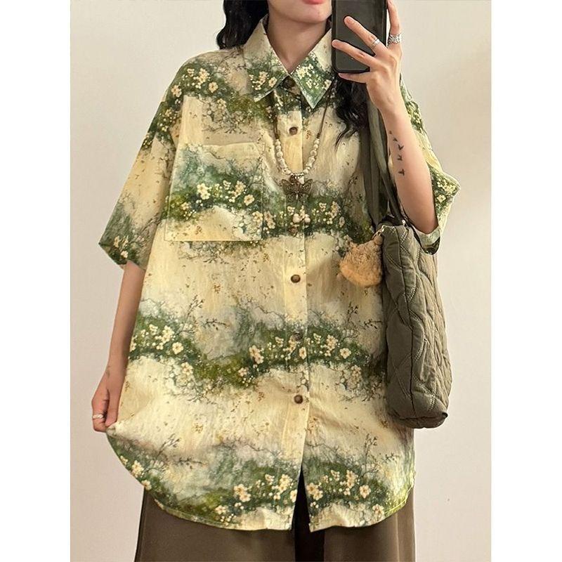 

Green Printed Short Sleeved Shirt Fashionable Contrasting Color Design Casual Bloues Japanese Retro Artistic Lady Tops XL