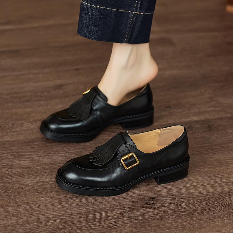 Fashion 2025 New Vintage Women Pumps Genuine Leather Round Toe Retro Style Belt Buckle Shoes Woman Spring Summer Basic Office Lady Pumps