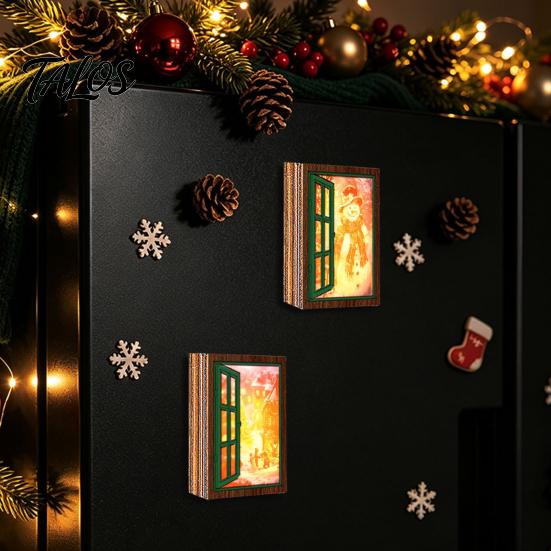 Metal Surface Decoration 3Pcs Christmas Light-up Window Fridge Magnet, Wooden Fake Refrigerator Magnet with LED Light Light, Magnetic for Holiday