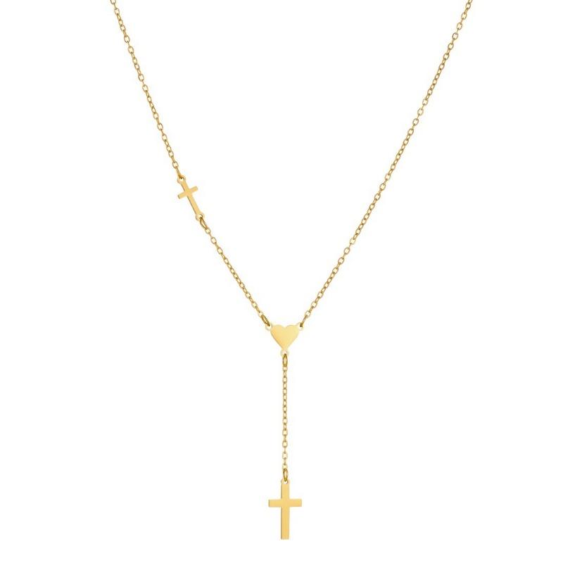 Gold Plated Stainless Steel Cross and Heart Lariat Necklace for Women